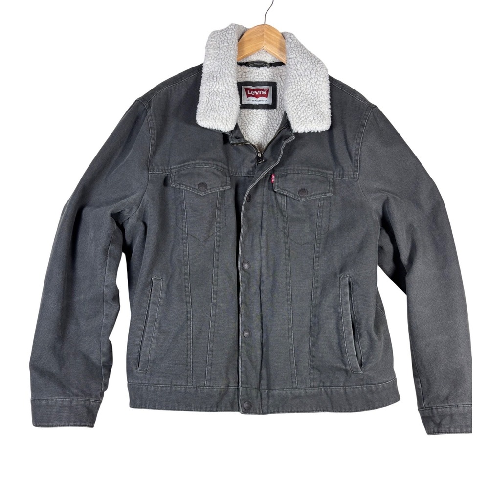 Levis Mens Sherpa Lined Trucker‎ Jacket XL Washed Black Canvas Zip Up LM7KC837